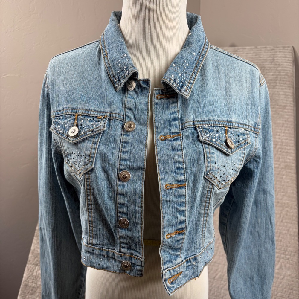 Judy Blue Cropped Denim Jacket XL Light Wash‎ Rhinestone Embellished Trucker 703